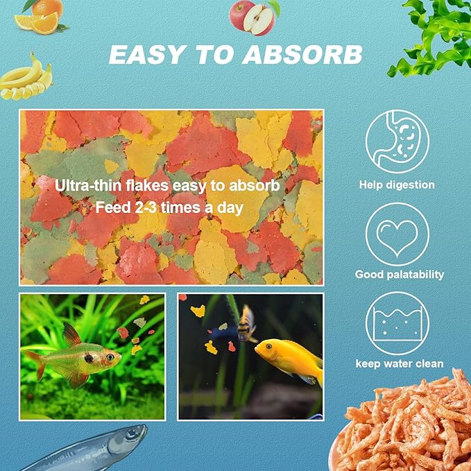 Tropical Fish Food Ultrathin Flakes - Color Enhancing Slow Sinking Natural Ingredient Antarctic Krill Spirulina Nutritionally Balanced Diet Suitable for All Tropical Fish (5oz) Capuca