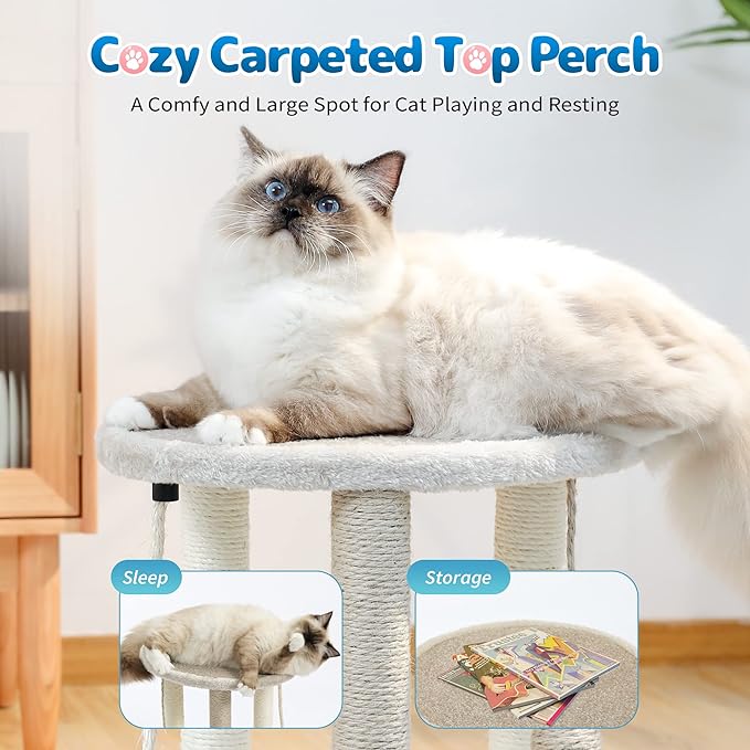 Made4Pets Cat Scratching Post,3 Cat Scratcher Posts with Soft Carpet Covered Perch,4 in 1 Kitten Toy,17" Small Cute Cat Tree Cat Tower with Hanging Ball Cat Toy, Scratching Posts for Indoor Cats - PAWPICO