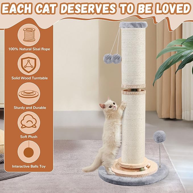 OTOB 32" Tall Cat Scratching Post, 4.3Inch Large Diameter Natural Sisal Rope Scratcher Post for Indoor Large Cats Kittens, 5-in-1 Interactive Turntable Cat Scratch Post (Gray, B-33Inch) - PAWPICO