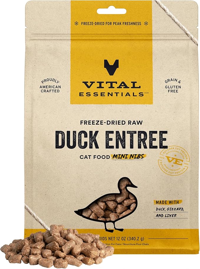 Vital Essentials Freeze Dried Raw Cat Food, Duck Mini Nibs Entree, 12 oz VitalEssentials