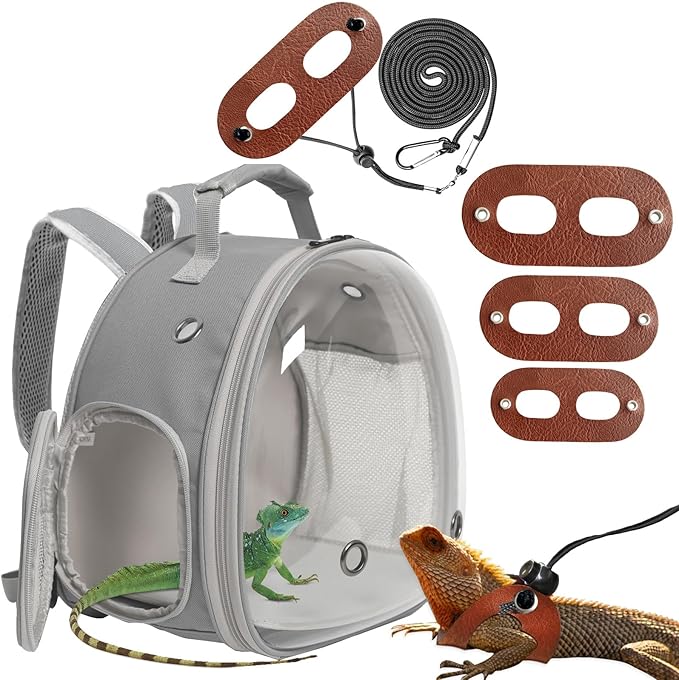 Leopard Gecko Travel Carrier,Bearded Dragon Travel Backpack with Harness and Leash Set,Space Capsule Clear Bubble Window Astronaut Reptile Carrier Backpack, Airline Approved WEVONIGU