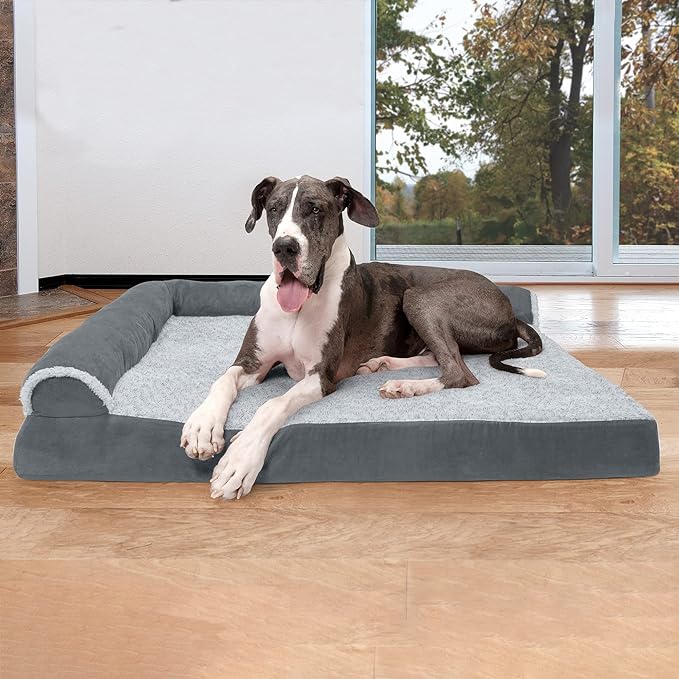 Furhaven Orthopedic Dog Bed for Large Dogs w/ Removable Bolsters & Washable Cover, For Dogs Up to 125 lbs - Two-Tone Plush Faux Fur & Suede L Shaped Chaise - Stone Gray, Jumbo Plus/XXL - PAWPICO