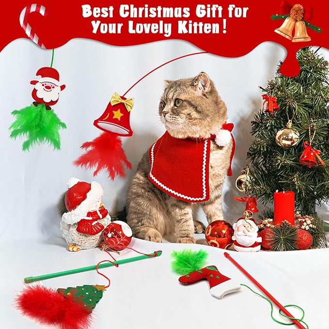 Christmas Cat Toys,4 Pack Cat Wand Toys for Indoor Cats, Cat Gifts with Catnip and Feathers for Christmas, Christmas Cat Wand for Cats and Kitten - PAWPICO