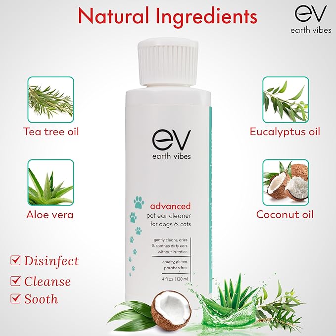 Earth Vibes Dog & Cat Ear Cleaner – Pet Cat Ear Cleaner - Advanced Natural Solution Treatment for Itching, Head Shaking, Discharge & Smelly Ears - Made in The USA EarthVibes