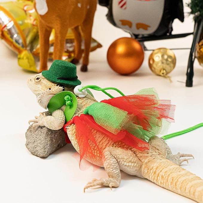 Bearded Dragon Christmas Costume Tutu Skirt Bowler Hat Leash Harness Reptile Christmas Cosplay Accessories Set for Lizard Leopard Gecko(Green) WODISON