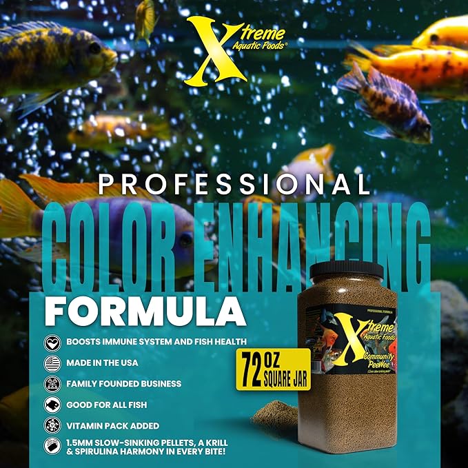 Xtreme Community Peewee 1.5mm Pellets: Slow Sinking & Ideal for Community Fish - Boosts Immune & Digestive Health, Enhances Color & Energy, Max Protein Fish Food – USA Farm Grown (72oz) XtremeAquaticFoods
