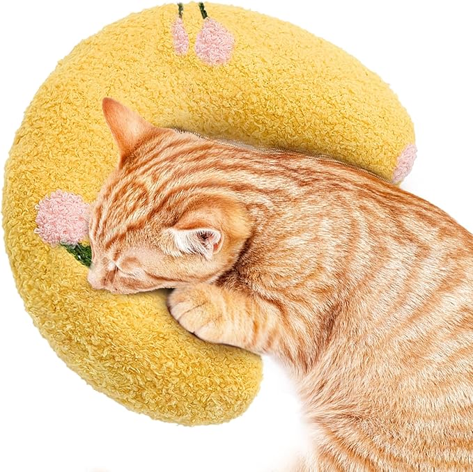 ucho Pillow for Cats, Ultra Soft Fluffy Pet Calming Toy Half Donut Cuddler, U-Shaped Pillow for Pet Cervical Protection Sleeping Improve- Yellow ucho