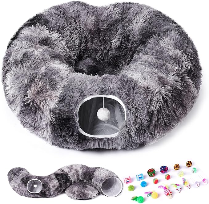 Odoland Cat Tunnels for Indoor Cats with Fluffy Plush Central Cat Couch and 20 Cat Toys, Tunnel Bed for Cats with Hanging Ball, Detachable Soft Mat and Variety Kitty Toy Set, Grey - PAWPICO