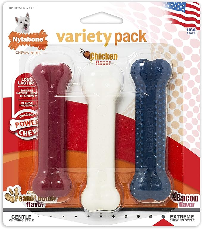 Nylabone Power Chew Classic Bone Chew Toy for Dogs, Durable Dog Toys for Aggressive Chewers, Variety Pack, Regular - Up to 25 Ibs. (3 Count) - PAWPICO