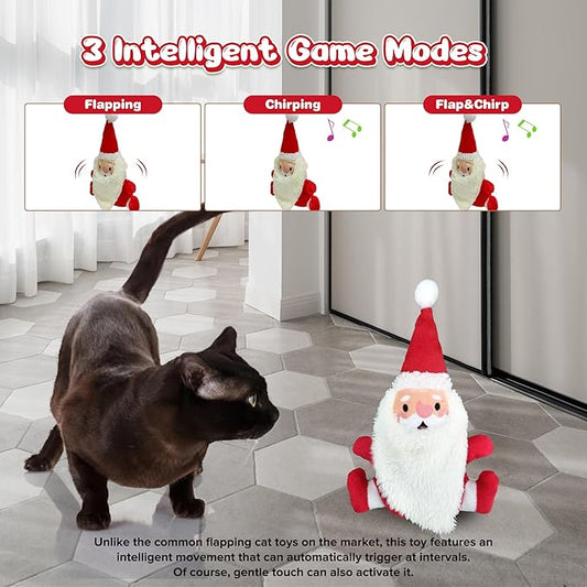 Cat Toys Intelligent Flapping Santa Clause, Interactive Christmas Cat Toys for Indoor Cats Chase Exercise, Suitable for Cat Teaser Stick, Music Melody, 3 Modes, Rechargeable - PAWPICO
