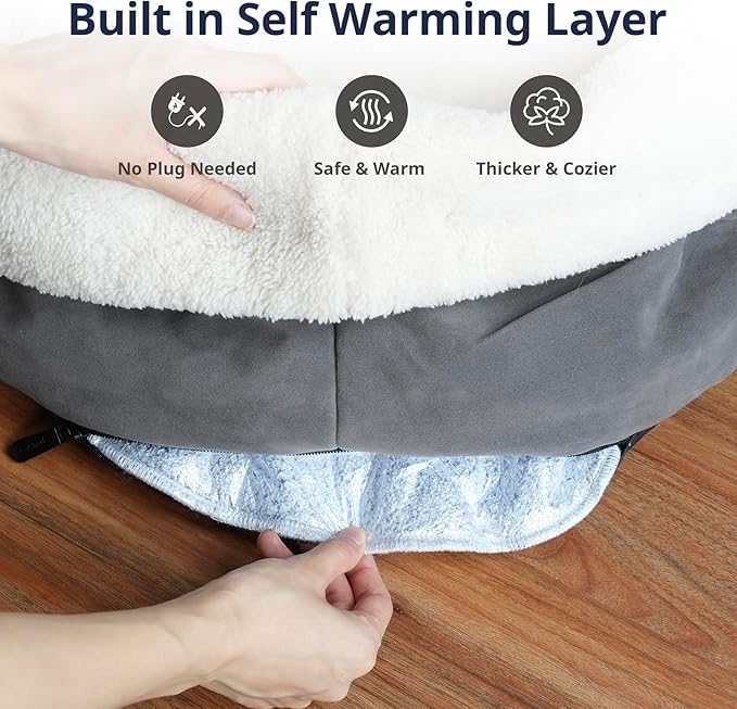 Self Warming Cat Bed, 17.7" x 13.7" Anti-Slip Soft Round Thermal Pet Cushion Bed for Kittens & Small Puppy, Gray - PAWPICO