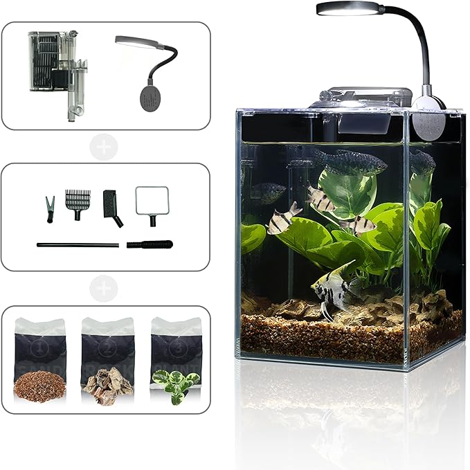 1.5 Gallon Aquarium Betta Fish Tank Starter Kit, Self Cleaning Filter HD Float Glass Small Fish Bowl Light Rocks Gravel Plants Cleaning Tool Set, Beginner's Gift for Snails, Guppy, Shrimp WONDERFACTORY