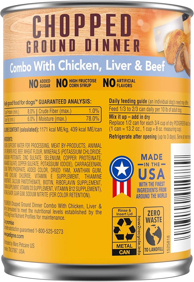 PEDIGREE CHOPPED GROUND DINNER Adult Canned Soft Wet Dog Food Combo with Chicken, Liver & Beef, 13.2 oz. Cans (Pack of 12) - PAWPICO