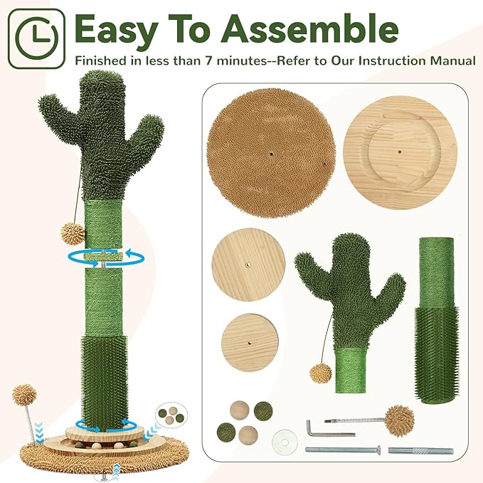 OTOB 36" Tall Cat Scratching Post, Natural Sisal Rope Cactus Scratcher Post, Vertical 6-in-1 Interactive Turntable Cat Scratch Post with Soft Ball Toys, Protect Your Furniture for All Indoor Cats - PAWPICO