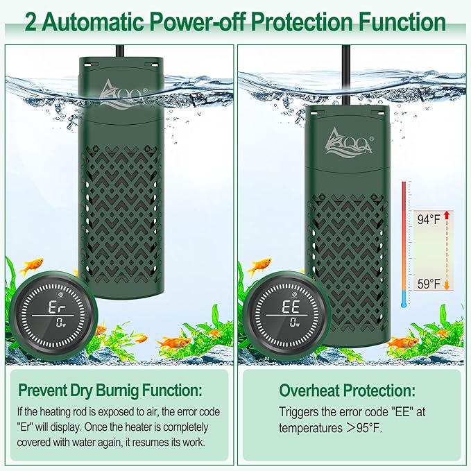 AQQA Aquarium Heater, 300W/500W/800W Submersible Fish Tank Heater with PTC Rapid Heating, Precise Digital Temperature Controller, LED Display with Memory Function for Up to 250 Gallon Freshwater Tank AQQA