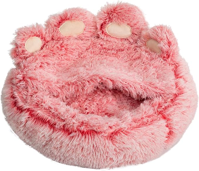 Cat Bed with Cover Cave - Dog Cave Bed with Standing Paws,Covered Round Kitten Bed with Hooded Blank - PAWPICO