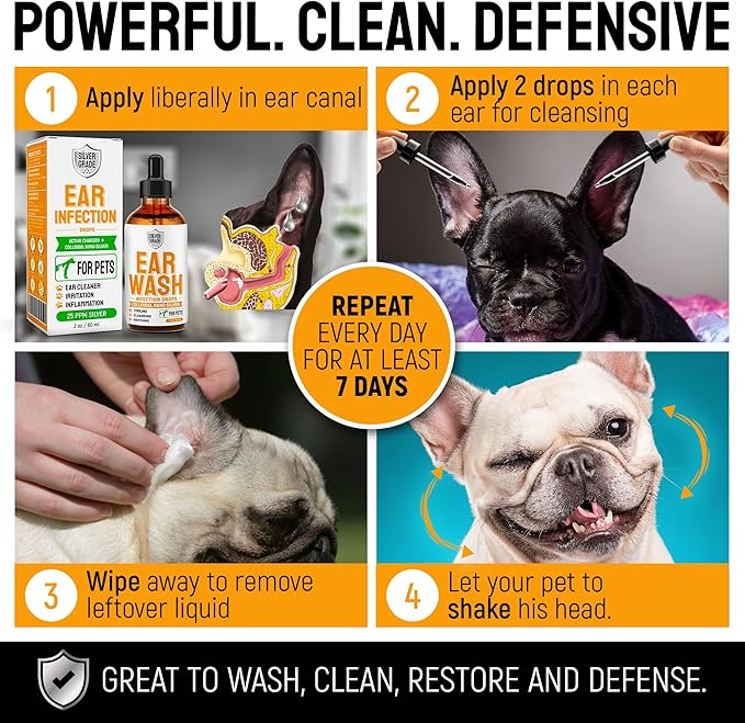 Dog Ear Infection Treatment + Colloidal Silver ● Ear Infection Treatment for Dogs & Cats ● Drops for Irritations, Itch, Odors, & Cat and Dog Ear Infection ● Silver Ear Wash for Different Pets ● 2 Oz SilverGrade