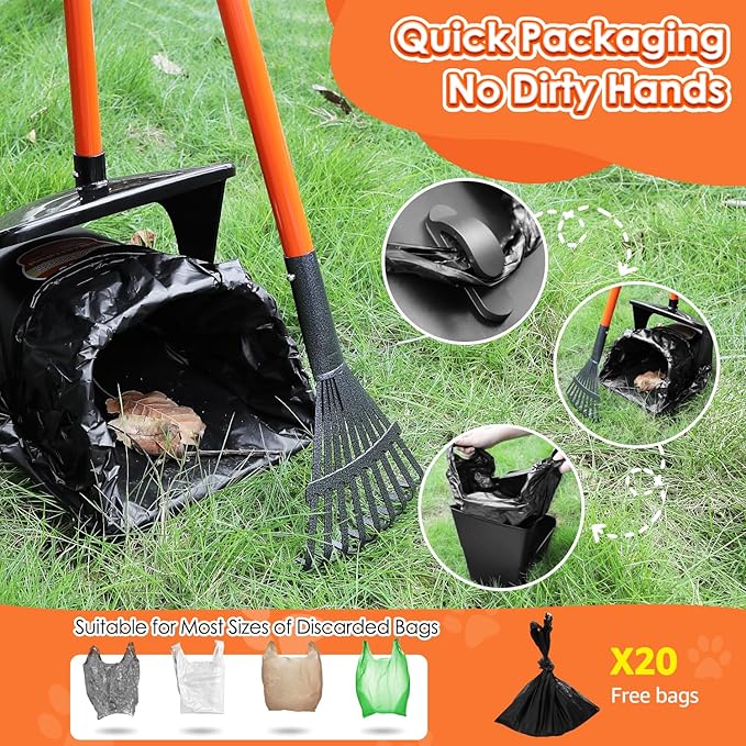 SlowTon Dog Pooper Scooper - 37.4" Long Handle Adjustable Metal Swivel Bin & Rake & Spade Kit with 20 Waste Bags, Portable Pooper Scooper for Gravel Lawn Grass, Suit for Small Medium Large Dog - PAWPICO