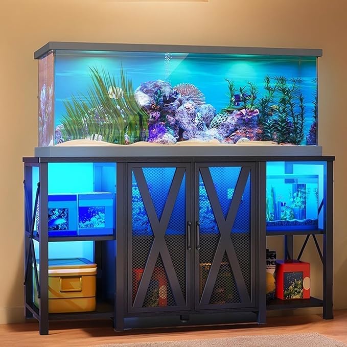 YITAHOME 90-120 Gallon Reptile Tank Stand with Power Outlet & LED Light, Heavy Duty Aquarium Stand with Accessories Storage Cabinet - Metal Fish Tank Stand for Turtle, Reptile, 2000LBS Capacity, Black YITAHOME