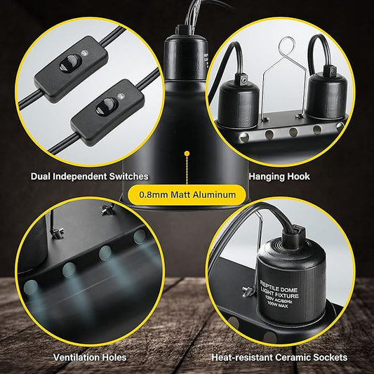 Simple Deluxe Dual Dome Reptile Light Fixture with Separate Switches, Fits Max 100W Reptile Heat Lamp/UVB Light, for Amphibians Terrarium and Tortoise Habitat SimpleDeluxe