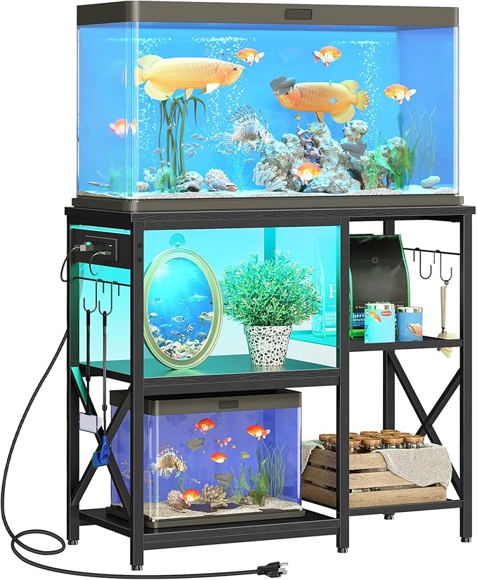 HOOBRO 20-29-37 Gallon Fish Tank Stand with Power Outlets and LED Light, Aquarium Stand with Storage Shelves, 35.4" L x 15.7" W, Reptile Tank Stand with Stable Metal Frame, Black BK80UDFT01 HOOBRO