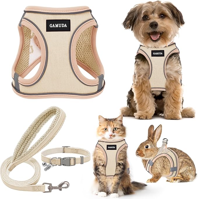 GAMUDA Small Pet Harness Collar and Leash Set, Step in No Chock No Pull Linen Fabric Soft Mesh Dog Vest Harnesses Reflective for Dogs Puppy Cats Kitten Rabbit (Khaki, M) GAMUDACollarsCollection