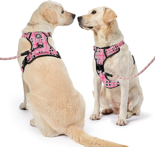 NESTROAD No Pull Dog Harness with Leash, Reflective No Choke Pet Vest Harness,Adjustable Soft Padded Dog Harness with Easy Control Handle for Large Dogs(Checkered Pink,Large) NESTROAD