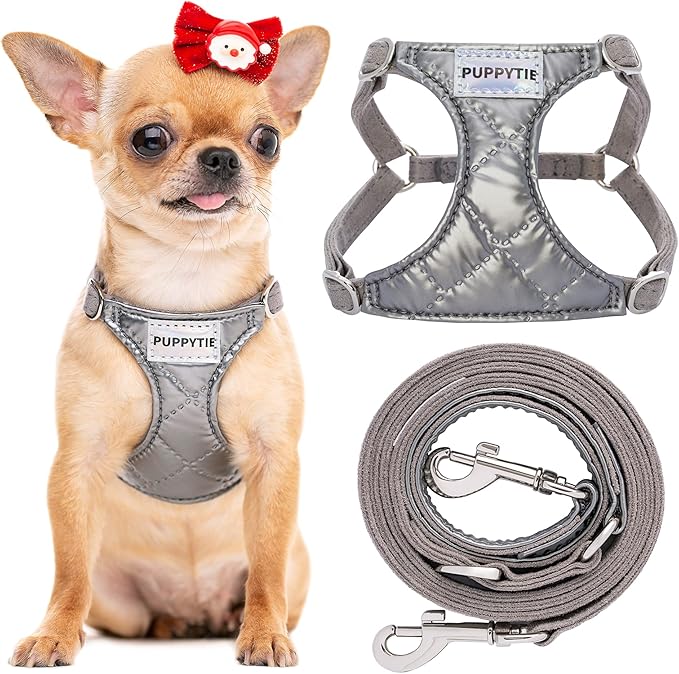 Puppytie No Pull xs Dog Harness with Multifunction Dog Leash,Soft Adjustable No Choke Escape Proof Pet Harness Vest,Glossy Grey,XXS Puppytie