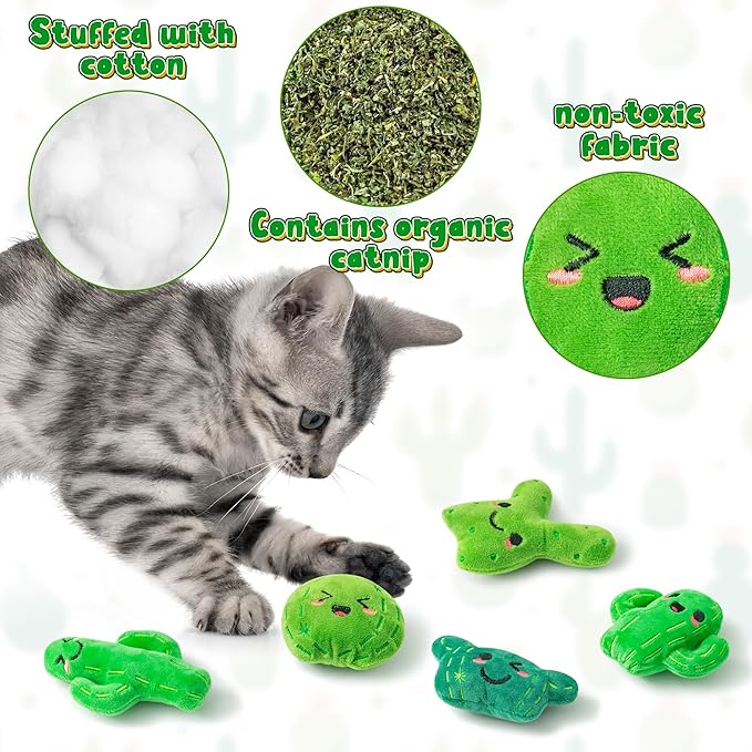 MALLMALL6 Catnip Toys for Cat - 5Pcs Cactus Prickly Plants Catmint Interactive Cat Toy for Indoor Cats, Soft Plush Green Cat Supplies, Kitten Teething Chew Toy Set, Cute Pet Gifts for Cat Lover - PAWPICO