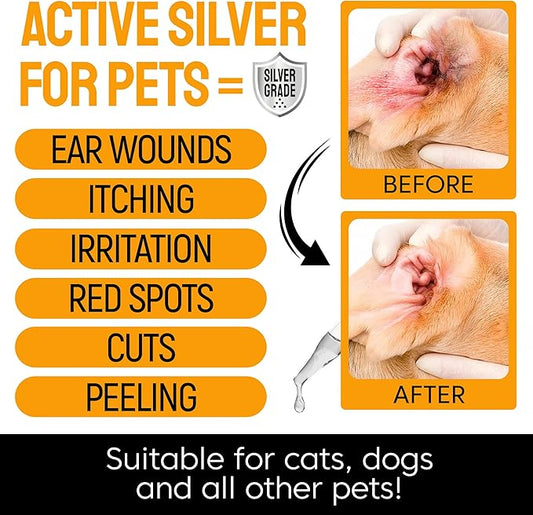 Dog Ear Infection Treatment + Colloidal Silver ● Ear Infection Treatment for Dogs & Cats ● Drops for Irritations, Itch, Odors, & Cat and Dog Ear Infection ● Silver Ear Wash for Different Pets ● 2 Oz SilverGrade