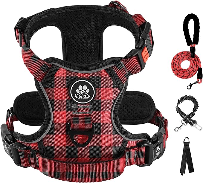 IVY&LANE No Pull Dog Harness with Leash Set, Reflective No Choke Pet Vest,Adjustable Oxford Dog Vest Harness with Easy Control Handle for Medium Lagre Dogs (Checkered Red,M) IVYLANE