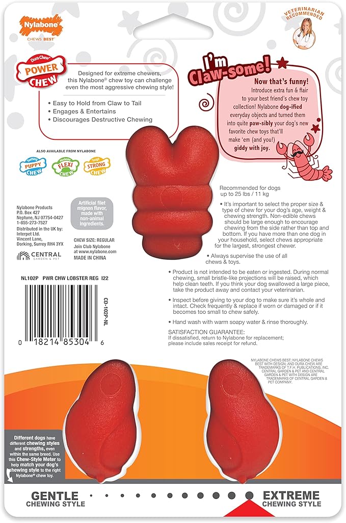 Nylabone Power Chew Lobster Dog Chew Toy, Cute Dog Toys for Aggressive Chewers, Filet Mignon Flavor, Small/Regular (1 Count) - PAWPICO