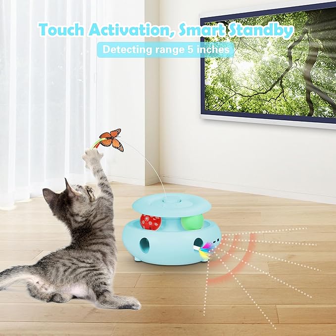 3-in-1 Interactive Cat Toys for Indoor Cats, Automatic 6 Holes Mice Whack-A-Mole, Fluttering Butterfly, Track Balls, USB Rechargeable, Ultra Fun Smart Interactive Kitten Toy (Tiffany Blue) - PAWPICO