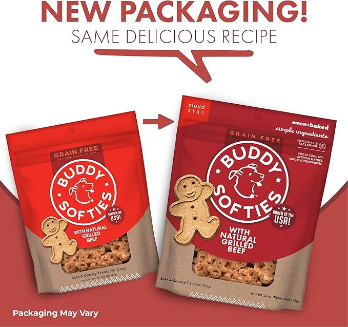 Buddy Biscuits Softies 5 oz Pouch, Grain-Free Soft & Chewy, Natural Grilled Beef Flavor Dog Treats, Oven Baked in The USA - PAWPICO