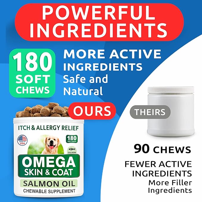 Omega 3 for Dogs and Cats - 180 Fish Oil Treats for Dog Shedding, Skin Allergy, Itch Relief, Hot Spots Treatment - Joint Health - Skin and Coat Supplement - EPA & DHA Fatty Acids - Salmon Oil - Bacon BARKSPARK