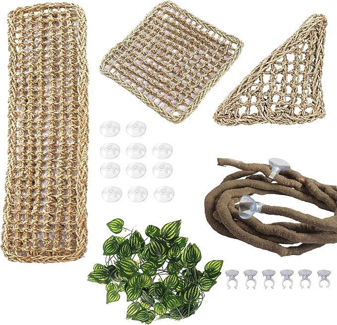 PINVNBY Bearded Dragon Hammock Lizard Natural Seagrass Habitat Reptile Tank Accessories Jungle Climber Vines Flexible Leaves Decor for Climbing Reptiles Lizards Chameleon Gecko Snakes PINVNBY