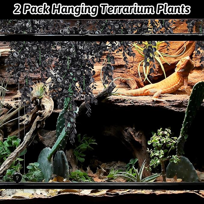 Hamiledyi Reptile Plants, 2 Pack Hanging Terrarium Plants, Artificial Leaves Habitat Decorations with Suction Cup, Fake Amphibian Plants for Bearded Dragon Lizard Hermit Crab Geckos Chameleon(Black) Hamiledyi