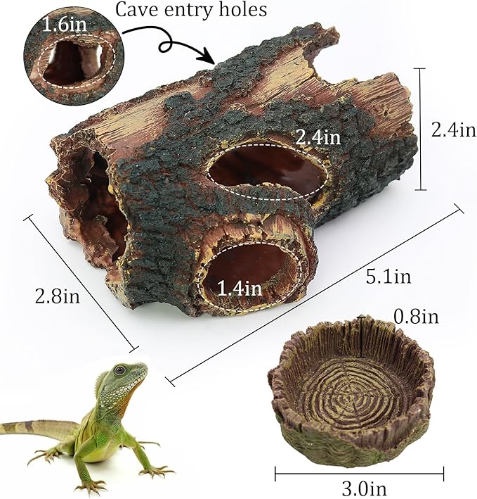 3Pcs Reptile Hide Cave Small Lizard Reptile Food&Water Bearded Dragon Bowls Accessories,Natural Resin Hollow Tree Trunk Hideout,Hermit Crab Supplies Trunk Snake Gecko Frogs Fish Tanks Decor Dexspoeny