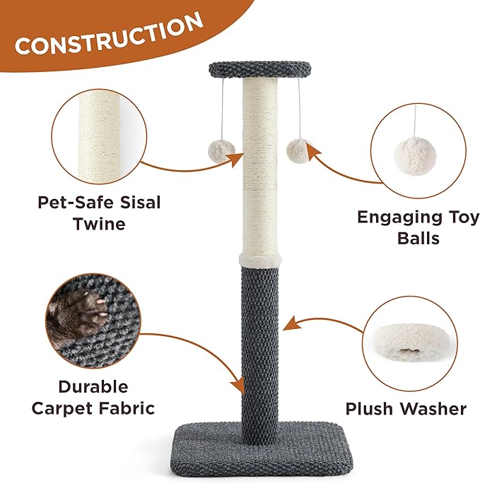 Lesure 29" Tall Cat Scratching Post - Premium Sisal Rope Highly Resistant Carpet Scratching Posts for Indoor Cats Adults, Sturdy Large Cat Scratch Pole with Hanging Ball, Grey(29 inch) - PAWPICO