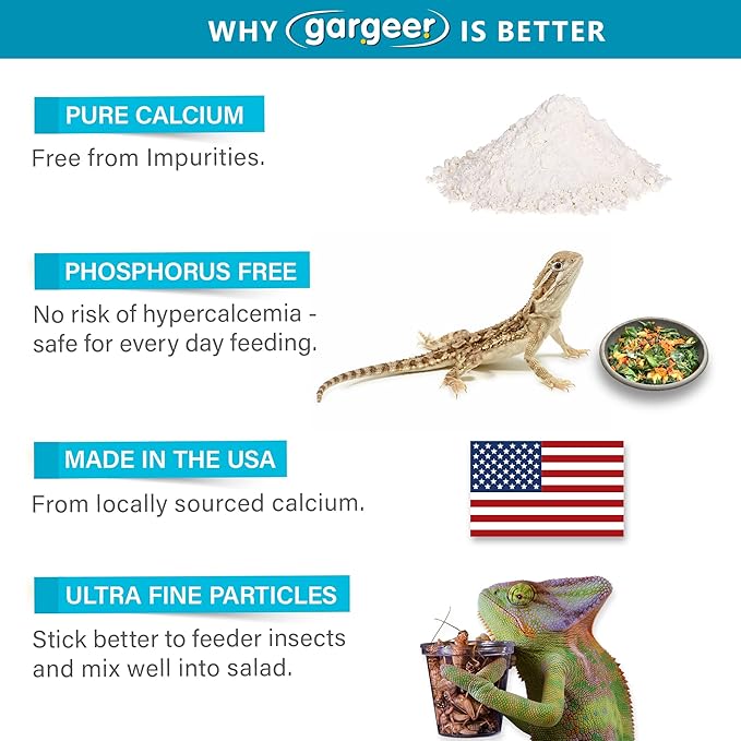 4oz All Reptile Calcium Powder with Vitamin D3, Phosphorus-Free, Ultrafine Powder, Pure Dust & Ready to Use for All Reptiles, Lizards & Amphibians Supplement. Made in The USA. Enjoy ! Gargeer