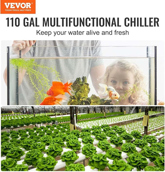 VEVOR Aquarium Chiller, 110 Gal 416 L, 1/3 HP Hydroponic Water Chiller, Quiet Refrigeration Compressor for Seawater and Fresh Water, Fish Tank Cooling System with Pump/Hose, for Jellyfish, Coral Reef VEVOR