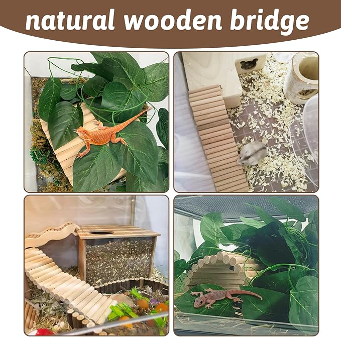 Hamiledyi Wooden Reptile Hideout Bearded Dragon Bendy Bridge Climbing Ladder Hiding Hut Reptiles Hide Cave Habitat Decor for Lizards Gecko Spiders Snakes Tortoise(15.66 x 7.8in) Hamiledyi