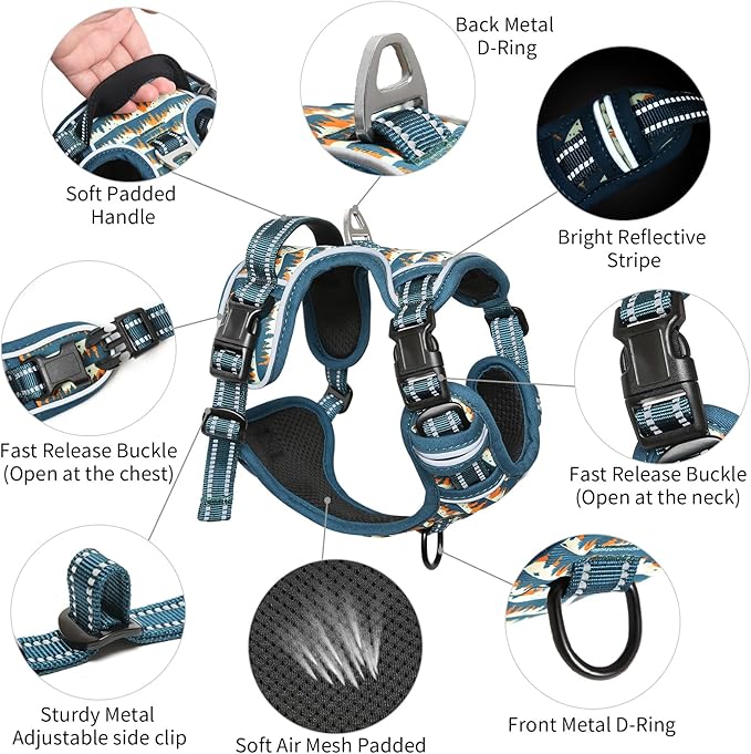 Timos No Pull Dog Harness, Release at Neck Reflective 3 Snap Buckles Adjustable No Choke Pet Vest with Front & Back 2 Leash Clips, Soft Padded Control Training Handle for Small Medium Large Dogs Timos