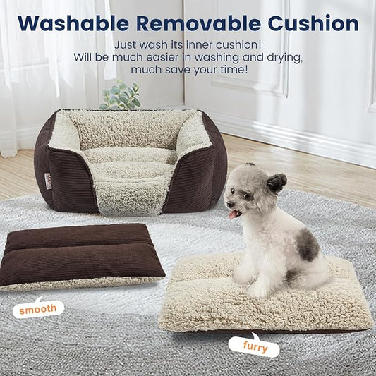 Miguel Washable Dog Bed with Removable Cushion for Small Dogs, Easy to Wash Pet Sofa Bed with Side, Rectangle Bolster Cat Bed Calming Cuddle Puppy Bed with Anti-Slip Bottom, Dark Brown 18 Inch - PAWPICO