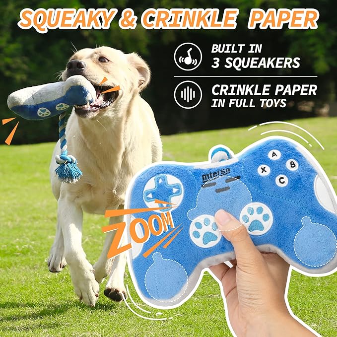 MTERSN Cute Squeaky Dog Toys : Blue Game Controller Plush Dog Toy and Funny Puppy Chew Toys with Full Crinkle Paper - Cool Dog Birthday Toys for Small, Medium and Large Dogs - PAWPICO