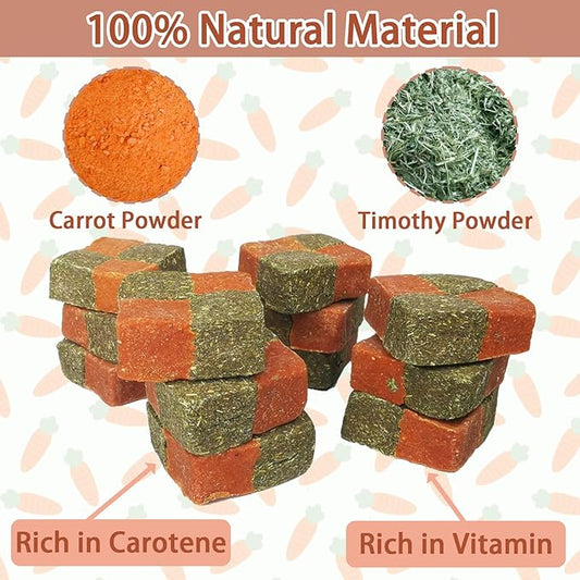 Fhiny 12 PCS Rabbit Carrots Chew Toys, Natural Timothy Hay Biscuit Cubes Rabbit Carrot Molar Treats Small Pet Snacks for Bunny Hamster Chinchilla Guinea Pig or Other Small Animals Fhiny