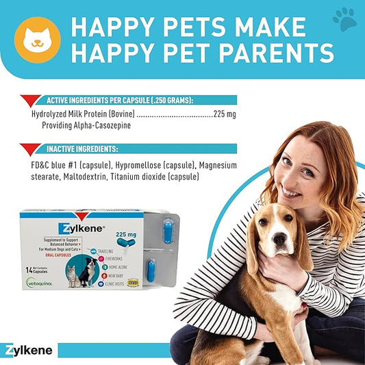Vetoquinol Zylkene Behavior Support Capsules for Medium Dogs 33-65lbs, Calming All Natural Milk Protein Supplement, Helps Relieve Dog Anxiety During Fireworks and Thunder, 225mg Vetoquinol
