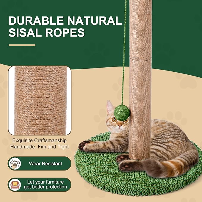 Odoland Cat Scratching Post - Indoor 33 inch Palm Tree Sisal Scratch Posts with Dangling Balls for Kitten and Large Cat - Vertical Scratcher Cute Cat Scratching Post Fun Cat Toy Green - PAWPICO