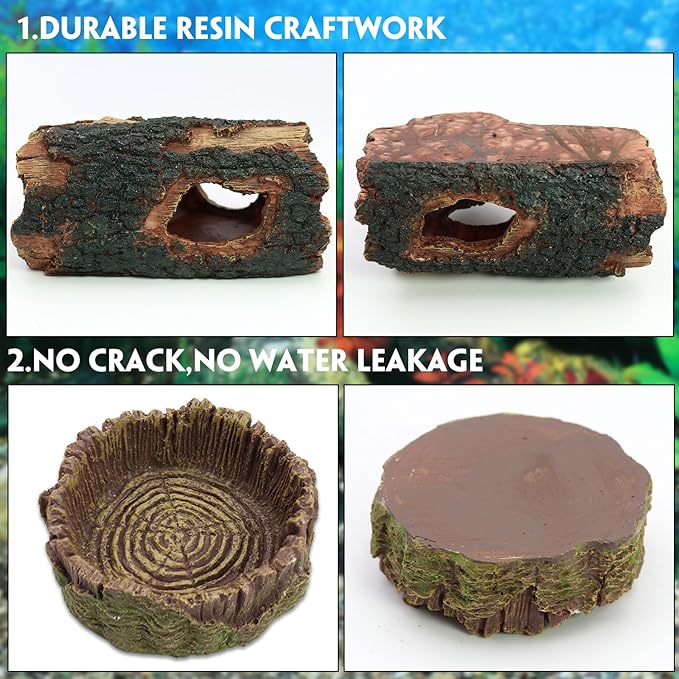 3Pcs Reptile Hide Cave Small Lizard Reptile Food&Water Bearded Dragon Bowls Accessories,Natural Resin Hollow Tree Trunk Hideout,Hermit Crab Supplies Trunk Snake Gecko Frogs Fish Tanks Decor Dexspoeny