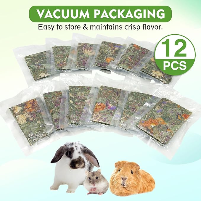 Fhiny 12 PCS Rabbit Timothy Hay Chips Toys, Natural Bunny Molar Treats with Herbal Flowers Rabbit Chew Toys for Teeth Small Animal Snacks for Rats Chinchillas Guinea Pigs Hamsters Fhiny